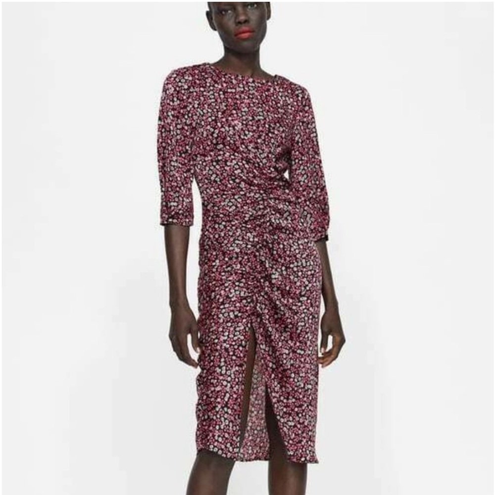 Zara floral ruched midi dress XS NWOT